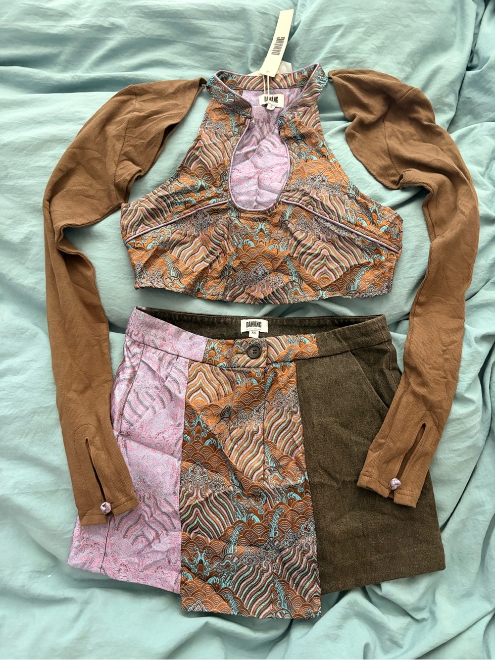 Da-Nang Mixed Patchwork Mini Dress Set in Brown & Lavender